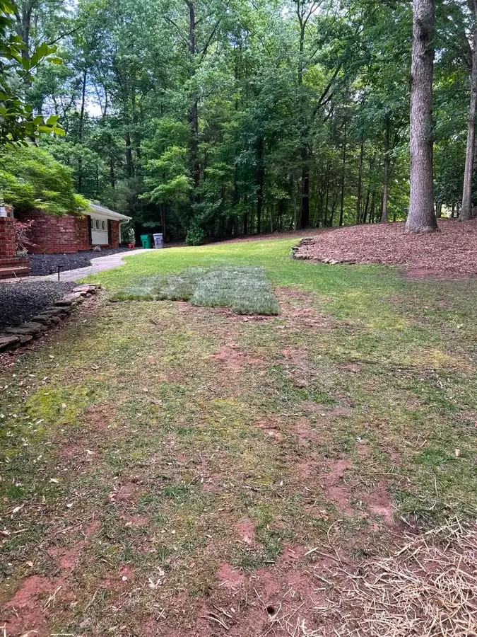 Regraded backyard slope with a newly established lawn and stone edging